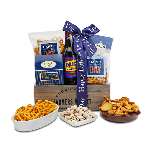 Father's Day gift basket with snacks and a beer, featuring 'Happy Father's Day' ribbons.