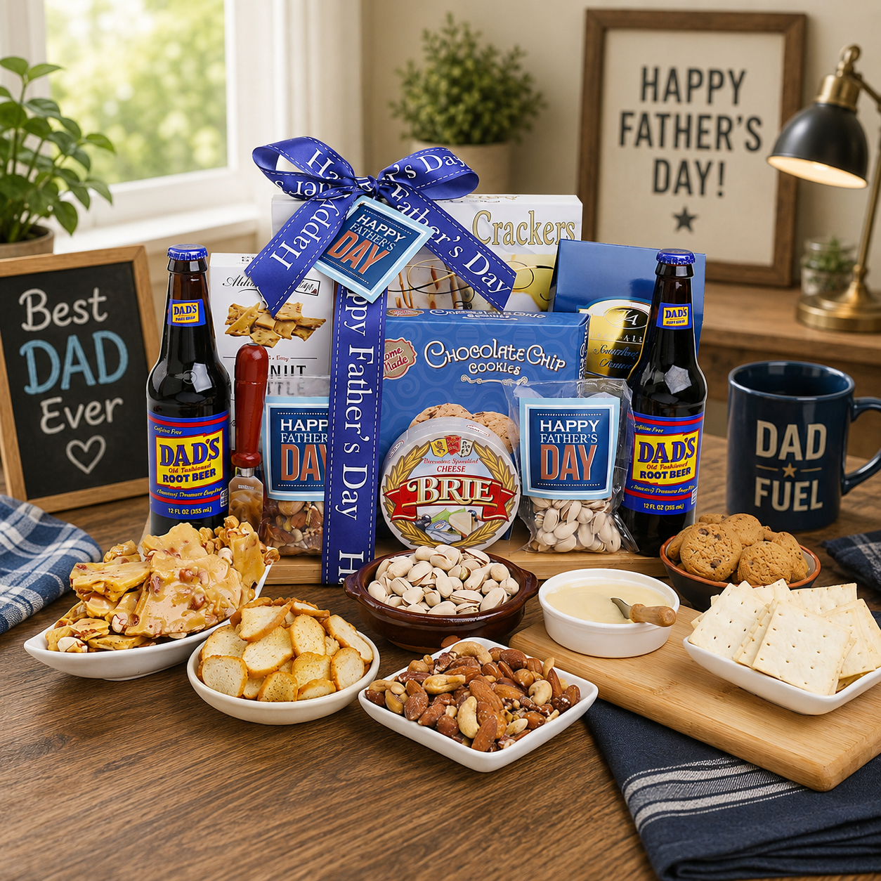 Gourmet Father's Day gift basket with snacks, root beer, and a mug on a table.