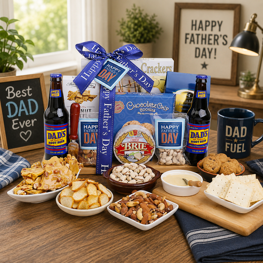 Gourmet Father's Day gift basket with snacks, root beer, and a mug on a table.