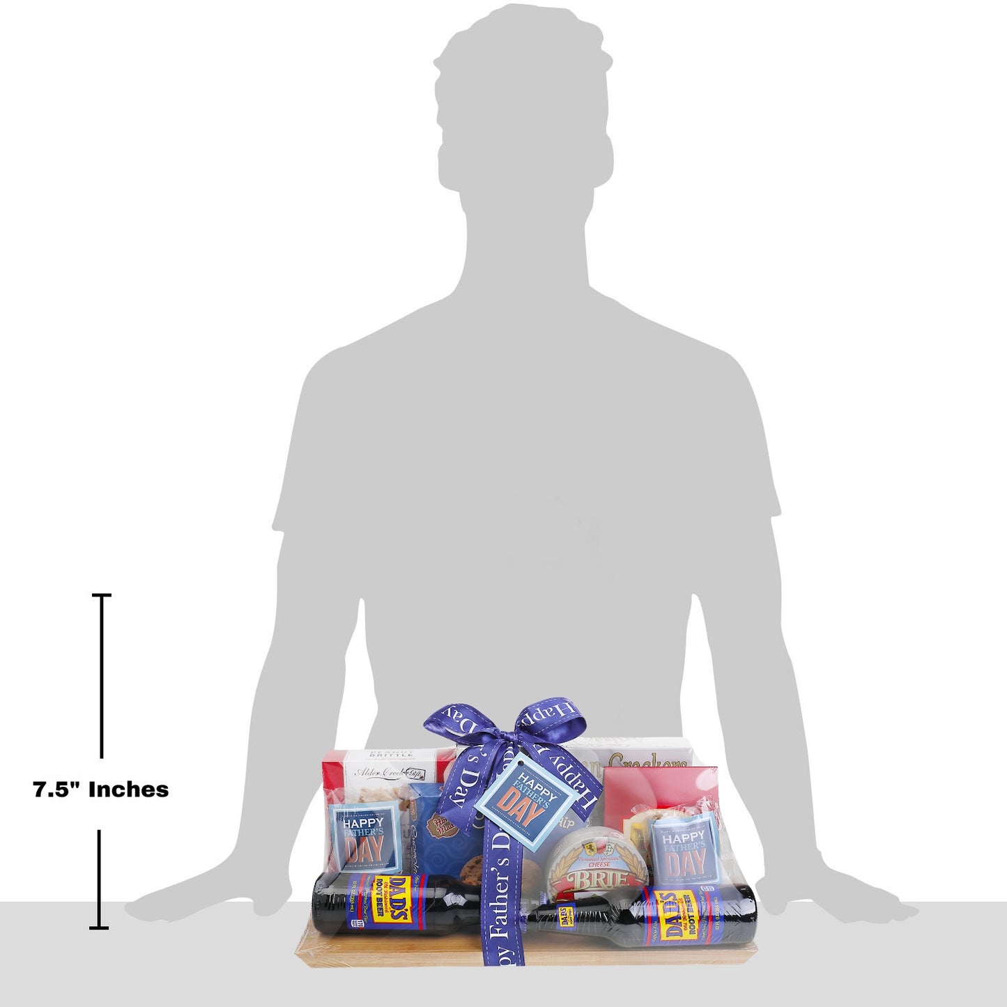Silhouette of a person with a gift basket on a white background, showing the size of the gift basket.
