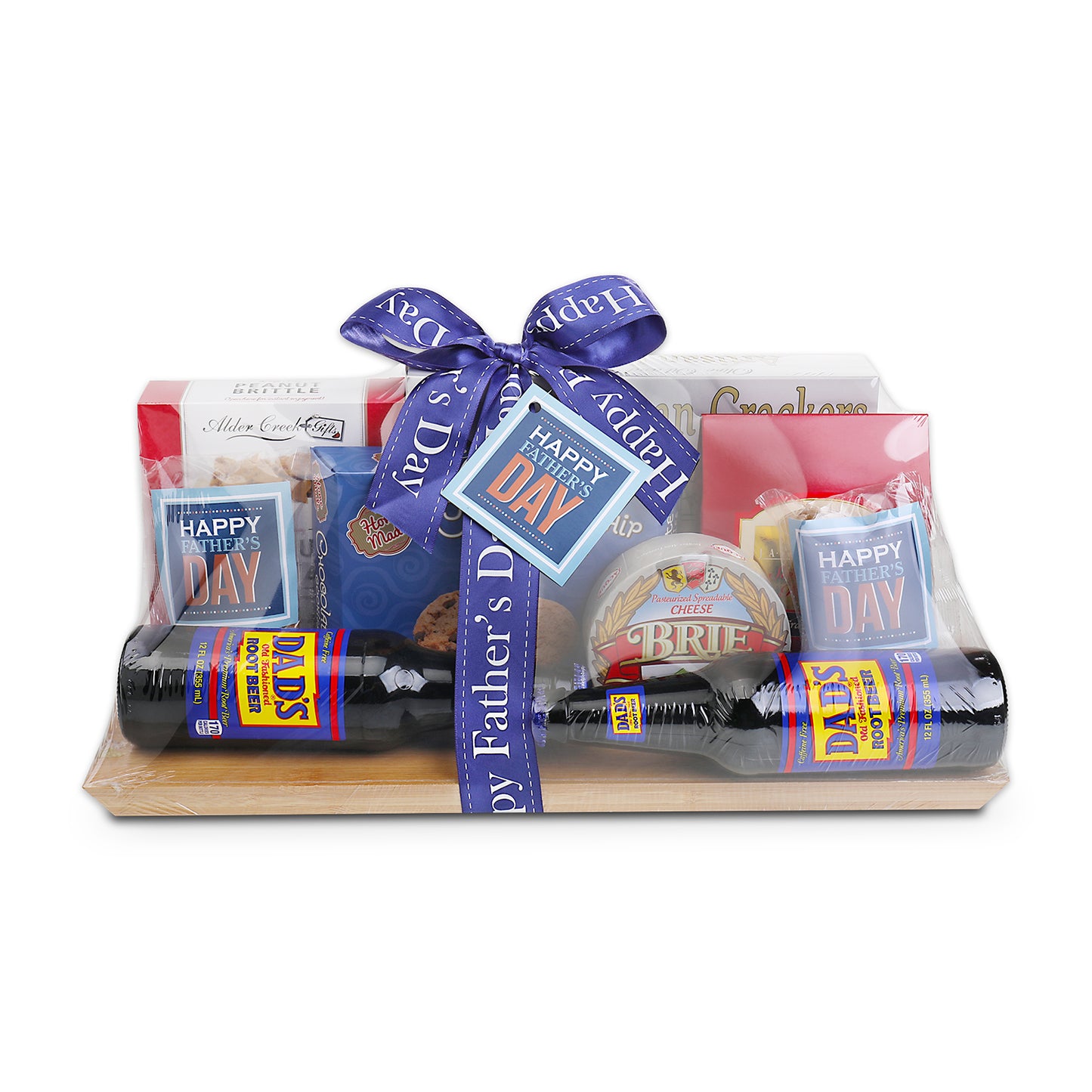Gift basket with root beer, snacks, and a card on a white background