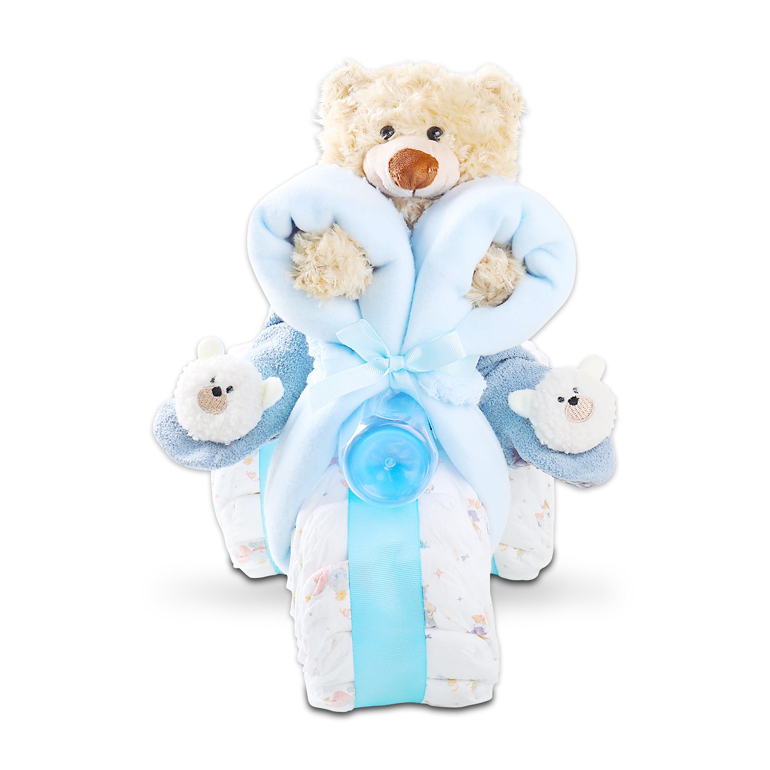 (39) Huggies Diapers #2, Baby Bib, Baby Blanket, Baby Bottle, Plush Teddy Bear W/ Sweater, Baby Booties