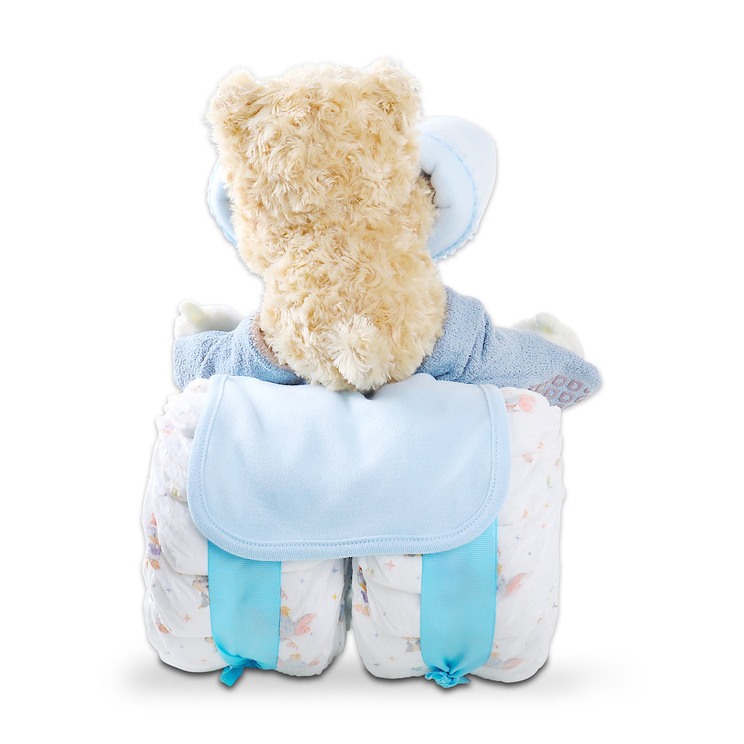 (39) Huggies Diapers #2, Baby Bib, Baby Blanket, Baby Bottle, Plush Teddy Bear W/ Sweater, Baby Booties bak view