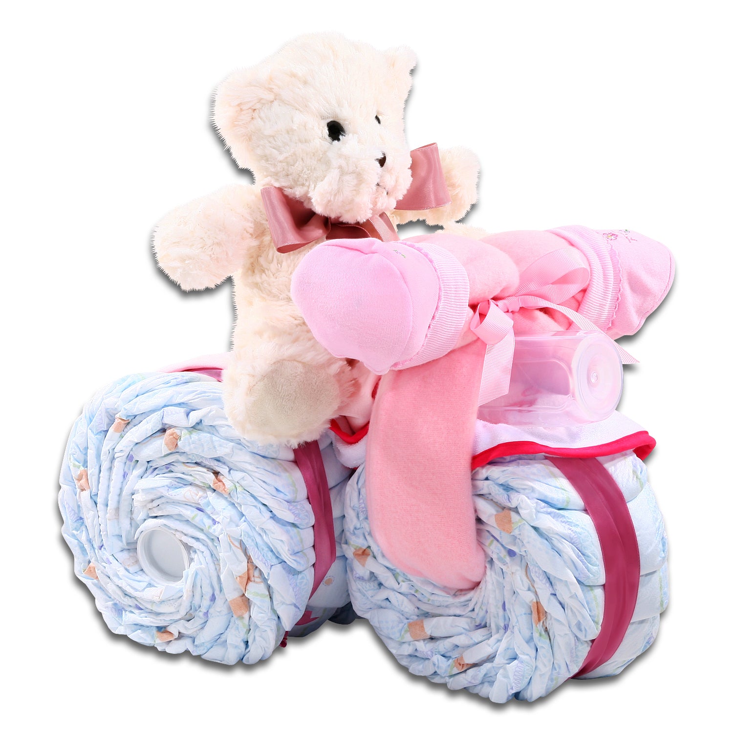 side view of pink tricycle diaper cake