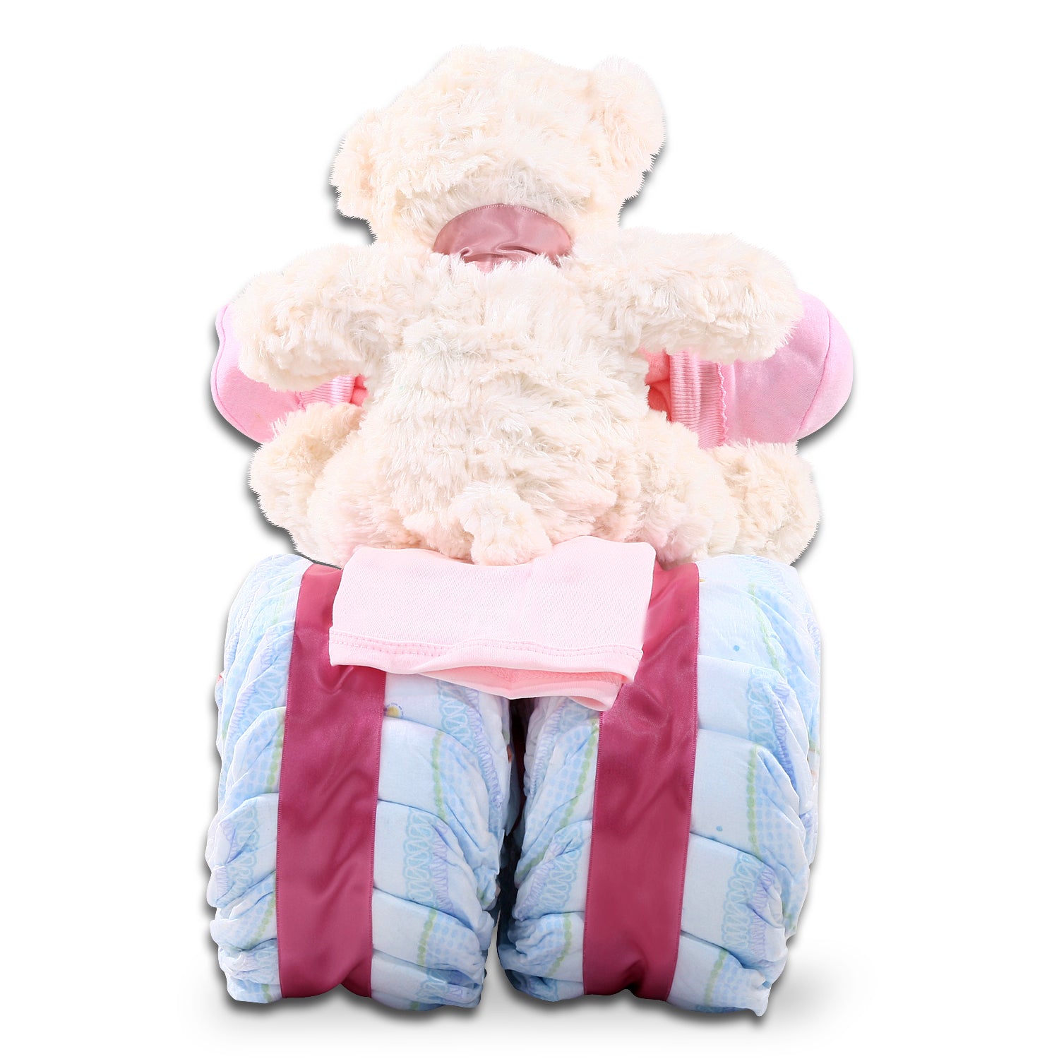 back view of pink tricycle diaper cake