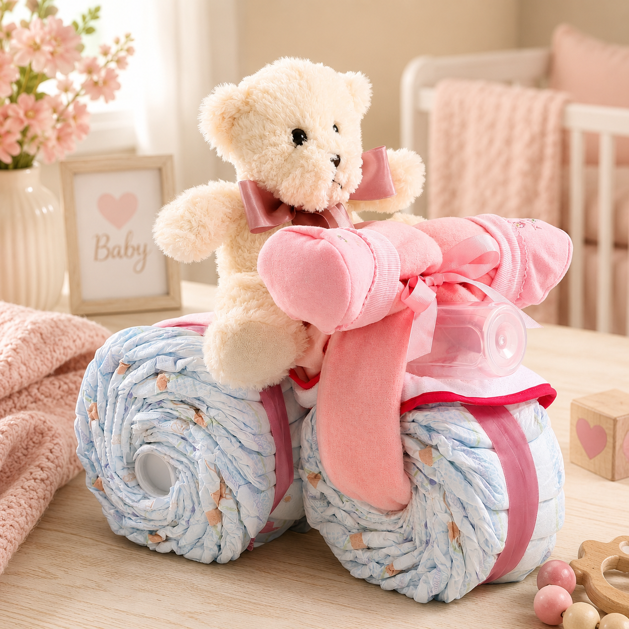 Teddy bear with a pink bow on a diaper bike in a nursery setting