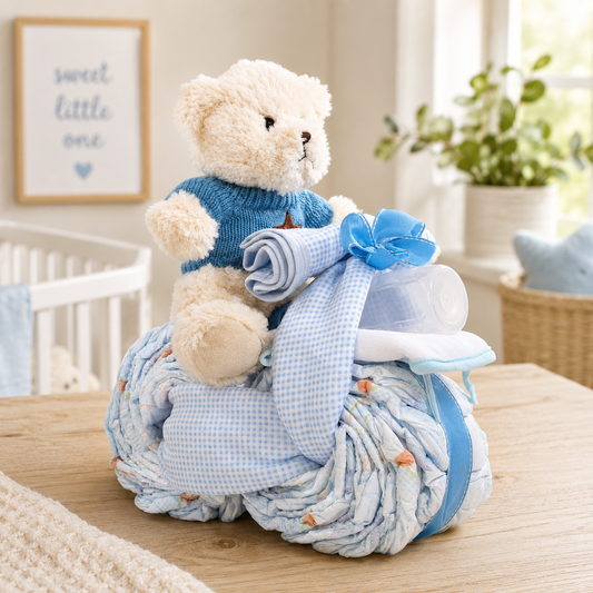 Teddy bear wrapped in blue and white blankets on a wooden surface with a blurred background