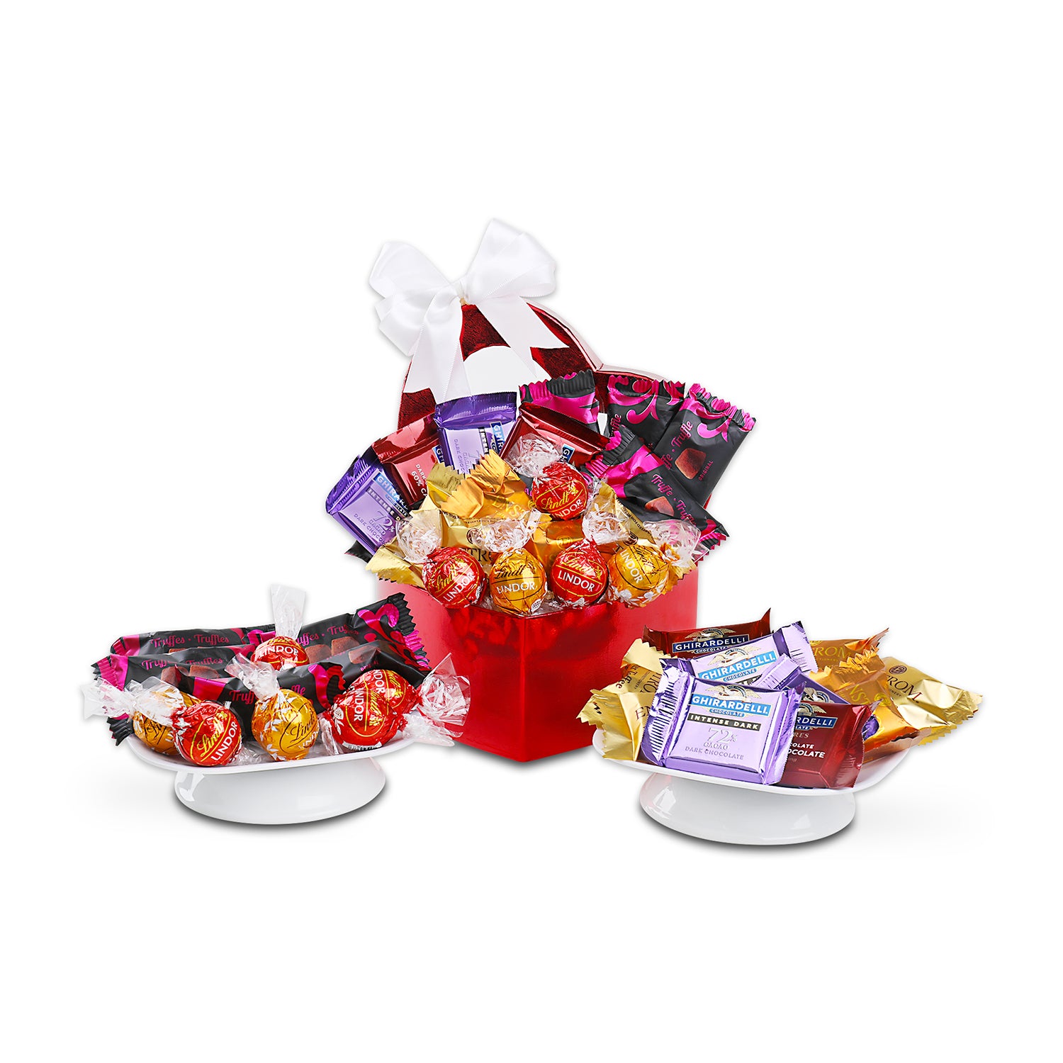Heart gift with contents displayed on white dishes