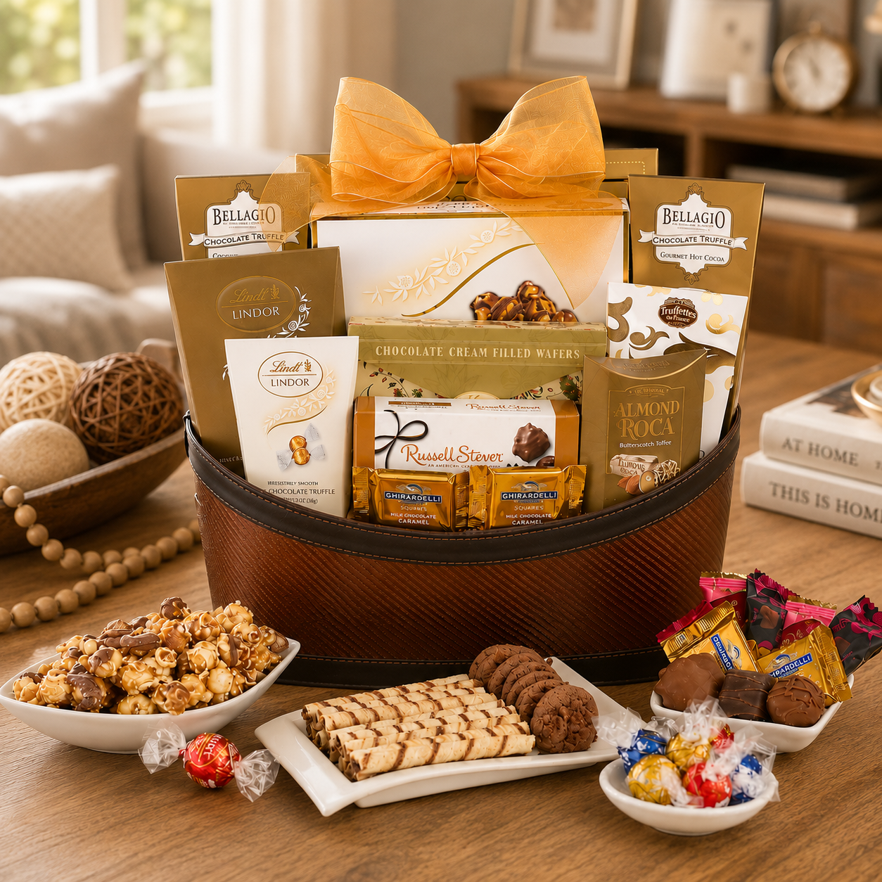 Gourmet gift basket with assorted chocolates, cookies, and candies on a wooden table.