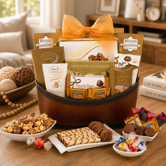 Gourmet gift basket with assorted chocolates, cookies, and candies on a wooden table.