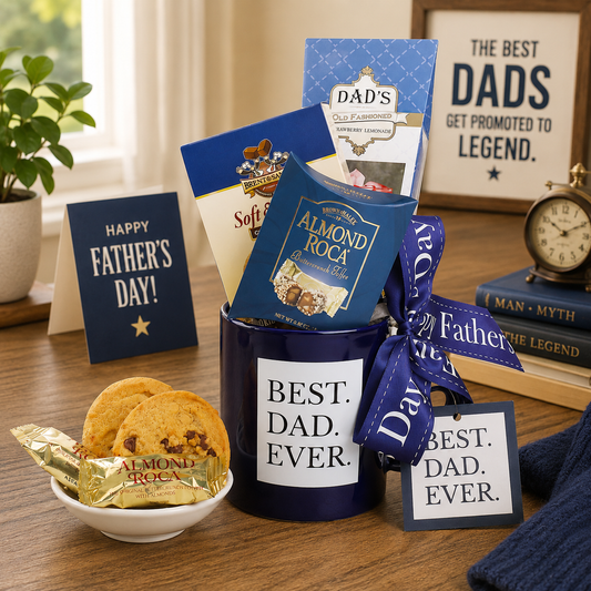 Father's Day gift basket with Almond Roca, cookies, and a card on a wooden table.