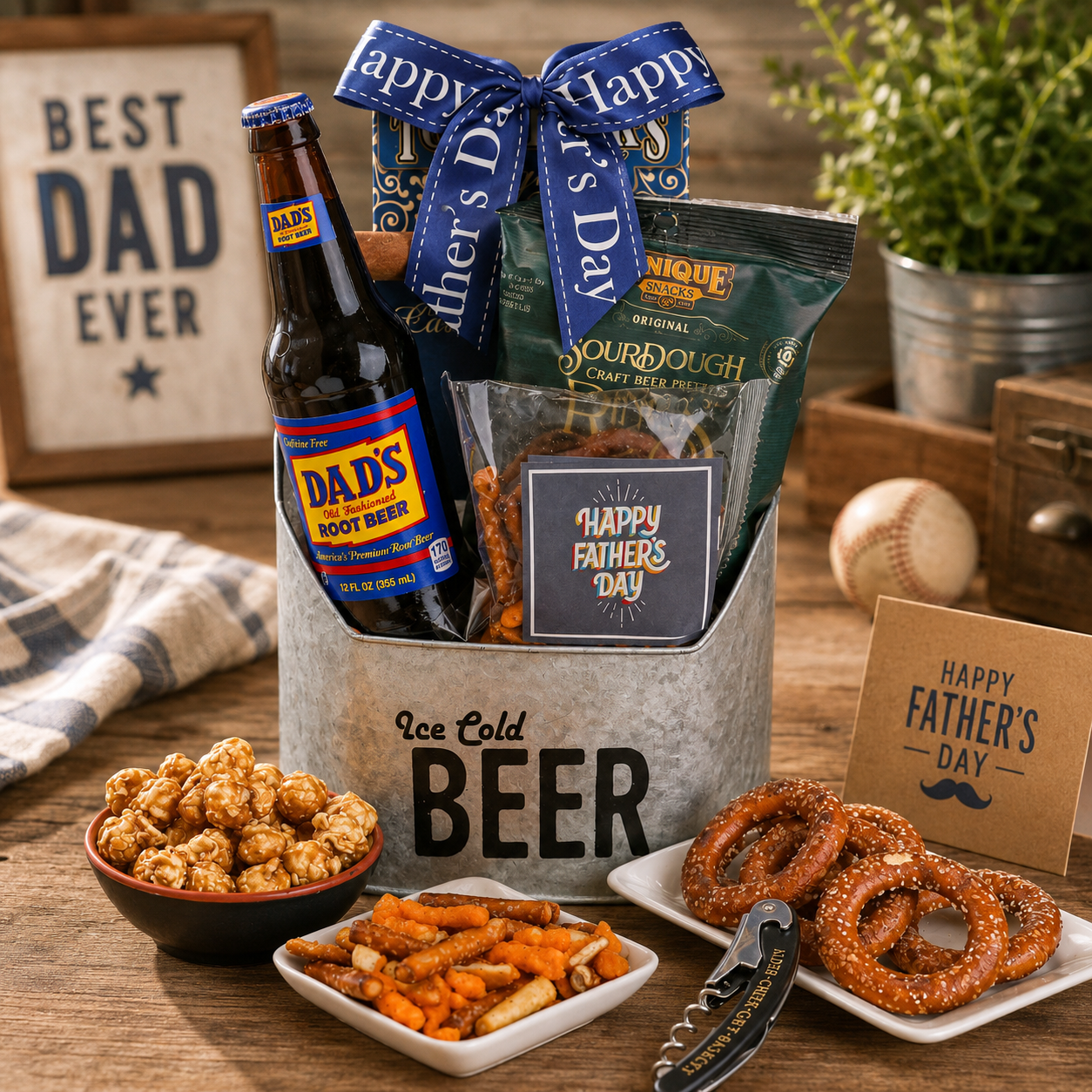 Gift basket with Dad's Root Beer, pretzels, and snacks on a table with Father's Day decorations.