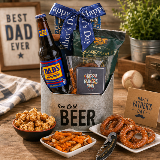 Gift basket with Dad's Root Beer, pretzels, and snacks on a table with Father's Day decorations.