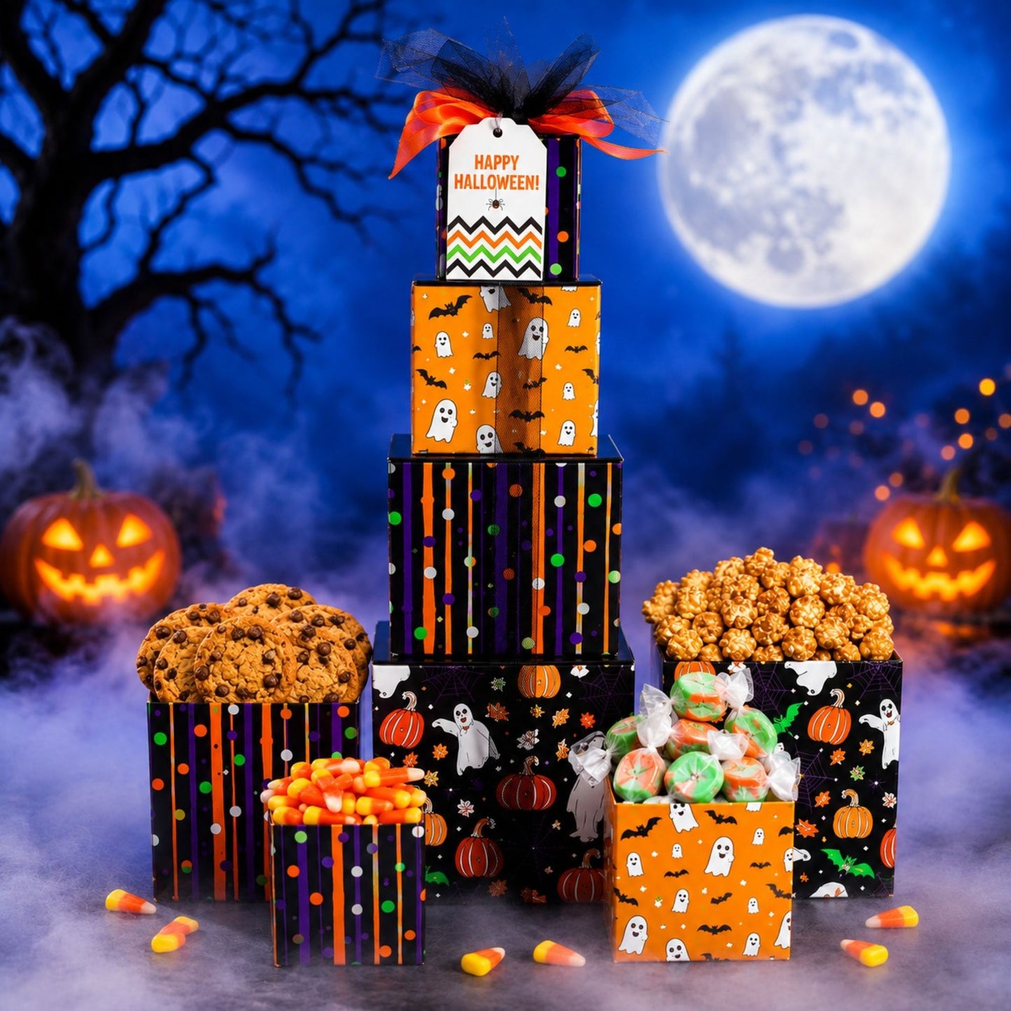 A Halloween-themed gift box arrangement on a foggy blue night background with jack-o'-lanterns and a full moon. The central stack of boxes includes orange and black packaging with white ghost prints, candy corn, taffy, and a tag reading 'Happy Halloween.