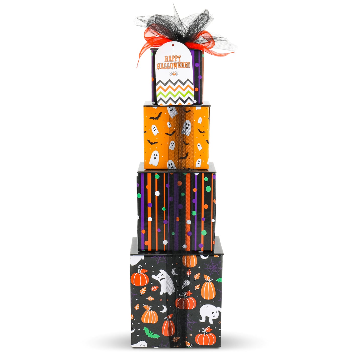 A stacked Halloween-themed gift box tower on a white background. The tower consists of four tiers: the top tier has a white tag with 'Happy Halloween' and black tulle ribbon with orange and red accents; the next tier is orange with black bats; the next has vertical orange, purple, and black stripes with white dots; the bottom tier is black with orange pumpkins, white ghosts.