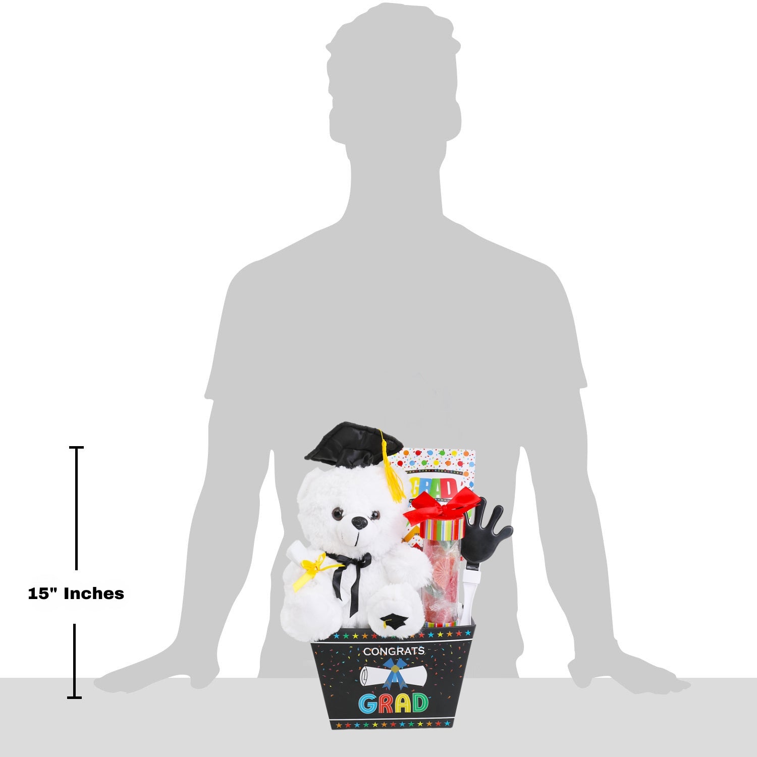 Graduation-themed gift set with plush toy, candy, and diploma on a person silhouette with size indication.