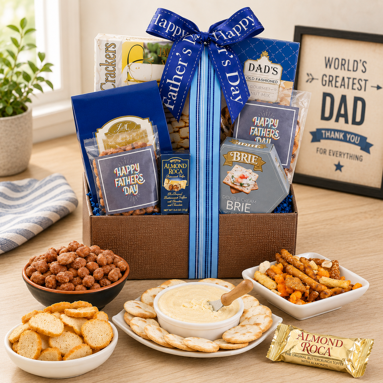 Father's Day gift basket with snacks and a 'World's Greatest Dad' sign on a table.
