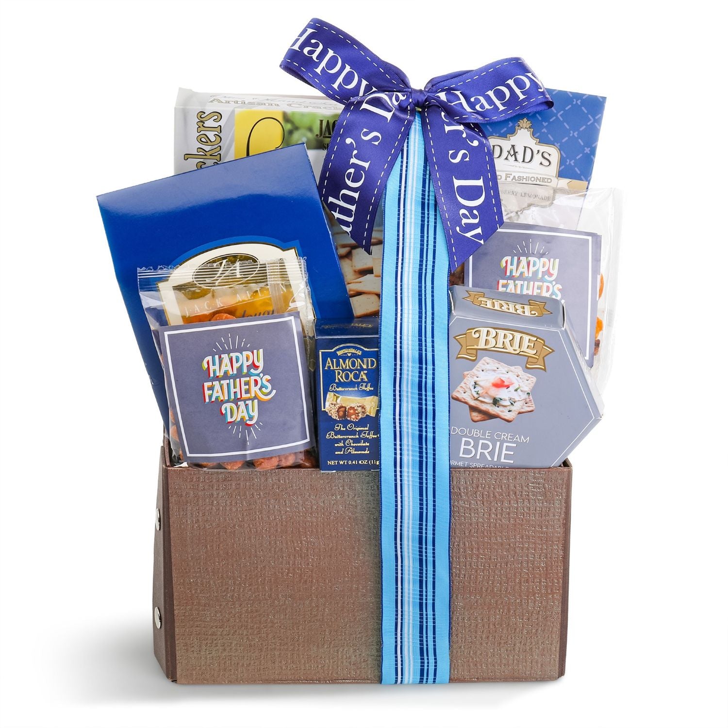Gift basket with Father's Day-themed items including snacks and a card on a white background