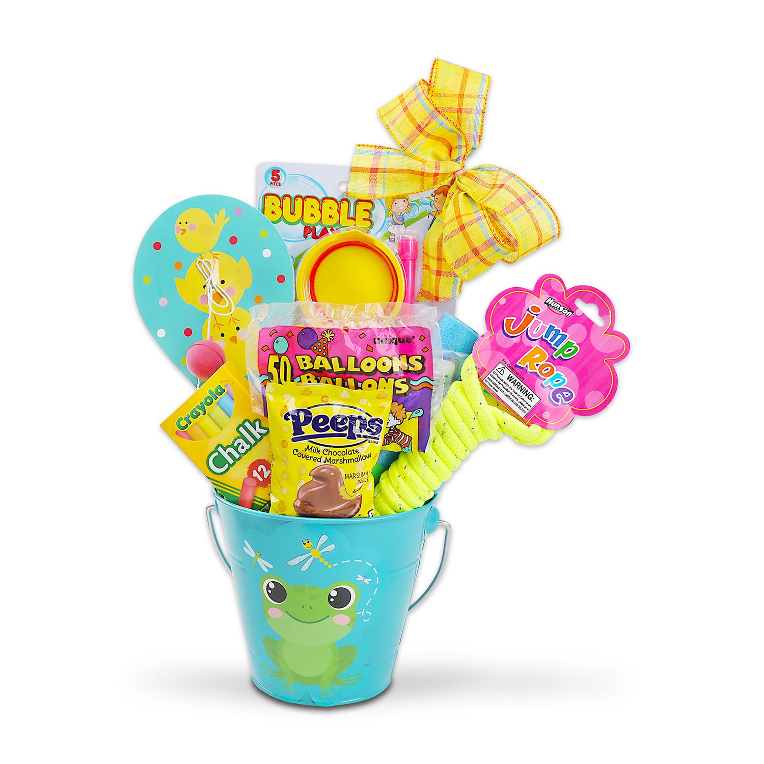 Peeps Milk Chocolate Marshmallow (1oz.), 3 Way Bubbles, Jump Rope, Easter Paddle Ball, Crayola Chalk Assorted Colors (12ct.), Water Balloons (50pcs.), Turquoise Metal Pail (6in x 6in x 5.5in)