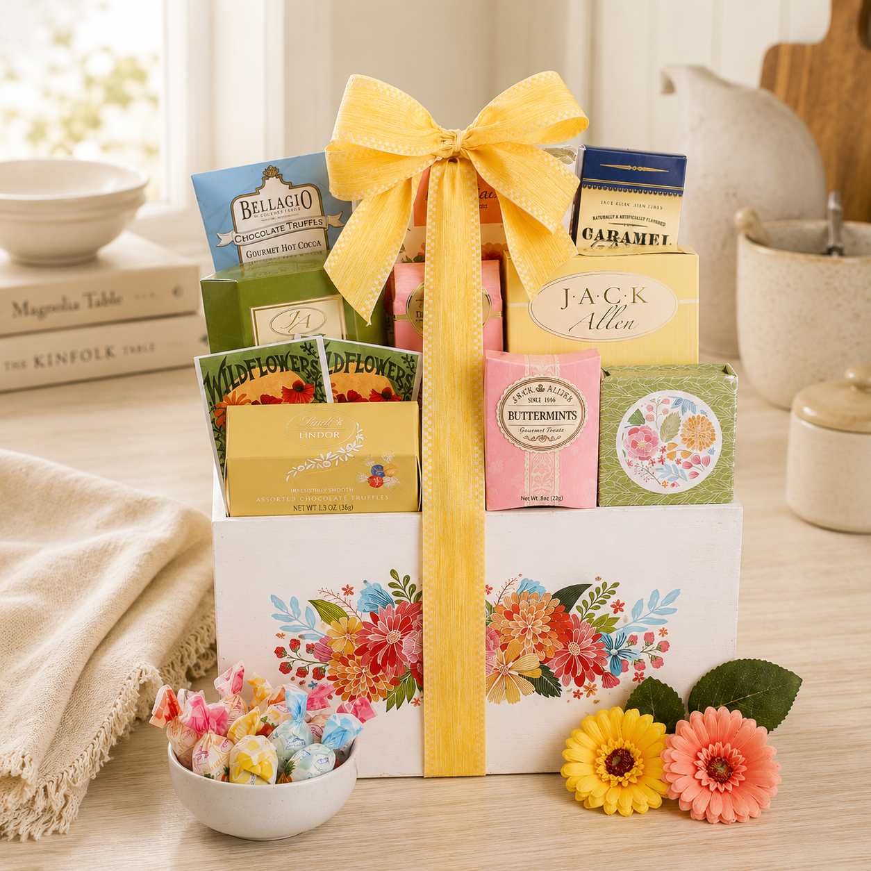 Gift basket with floral design and colorful packaging on a table.