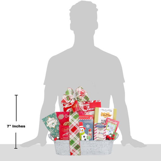 Gift basket with products displayed against a silhouette of a person to show size.