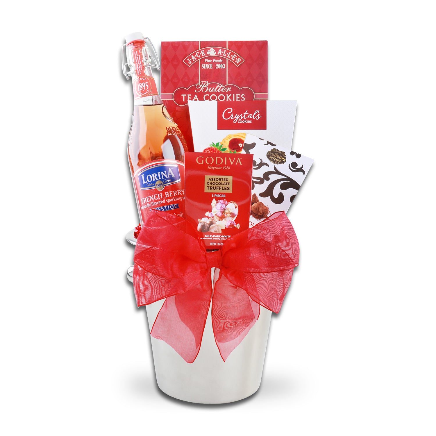 Butter Tea Cookies (3.5oz.), Crystal’s Strawberry Filled Shortbread Cookies (2.5oz.), Cocoa Dusted Truffles (1.4oz.), Godiva Assorted Chocolate Truffles (3pcs.), Lorina Sparkling Berry Cider (750ml.), Reusable Silver Ice Bucket
