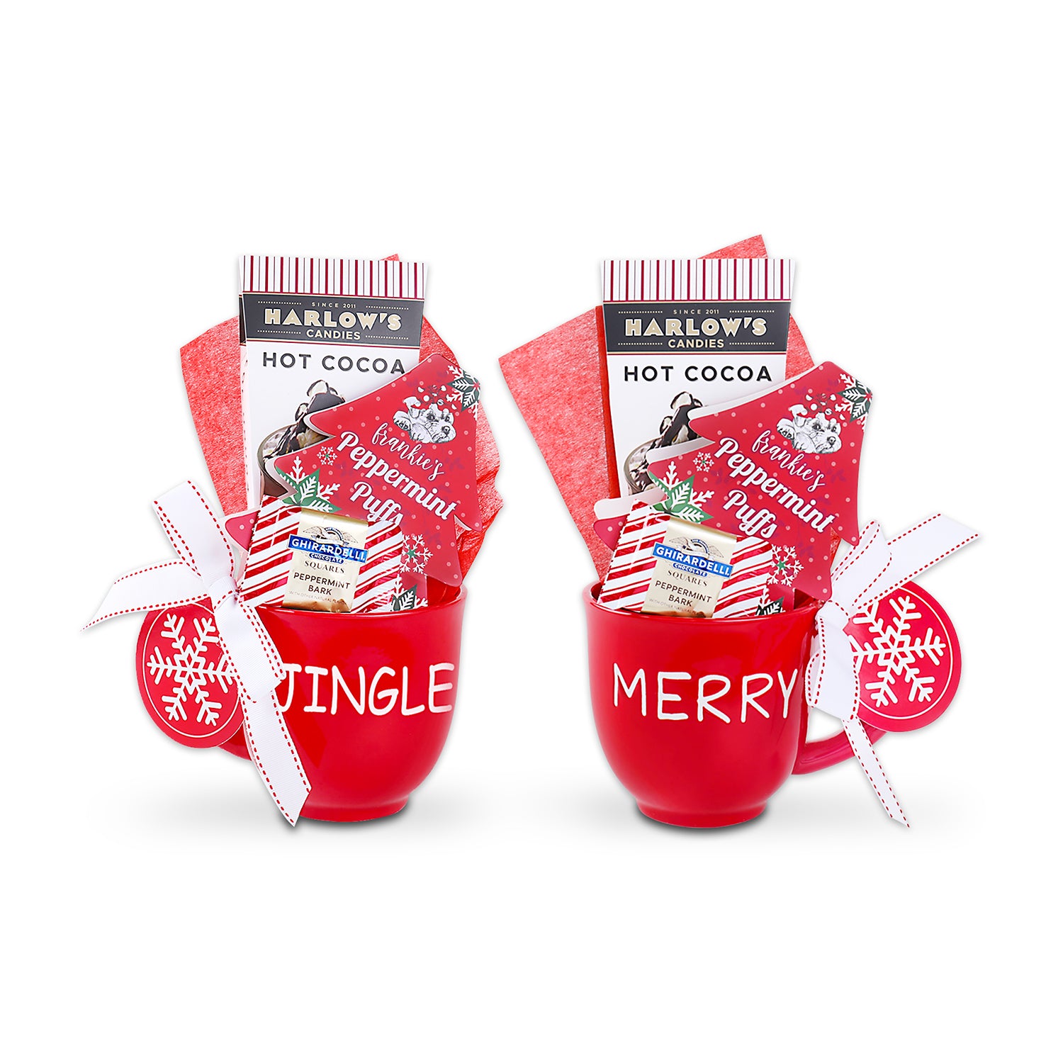 2 “Jingle Bells” Red Latte Mugs, 2 “Merry” Red Latte Mugs, Harlow’s Hot Cocoa Drink Mix (4pcs.), 4 Frankie’s Peppermint Puffs (0.9oz.), Ghirardelli Peppermint Bark Tasting Squares (4pcs.) (image shows 2 mugs)