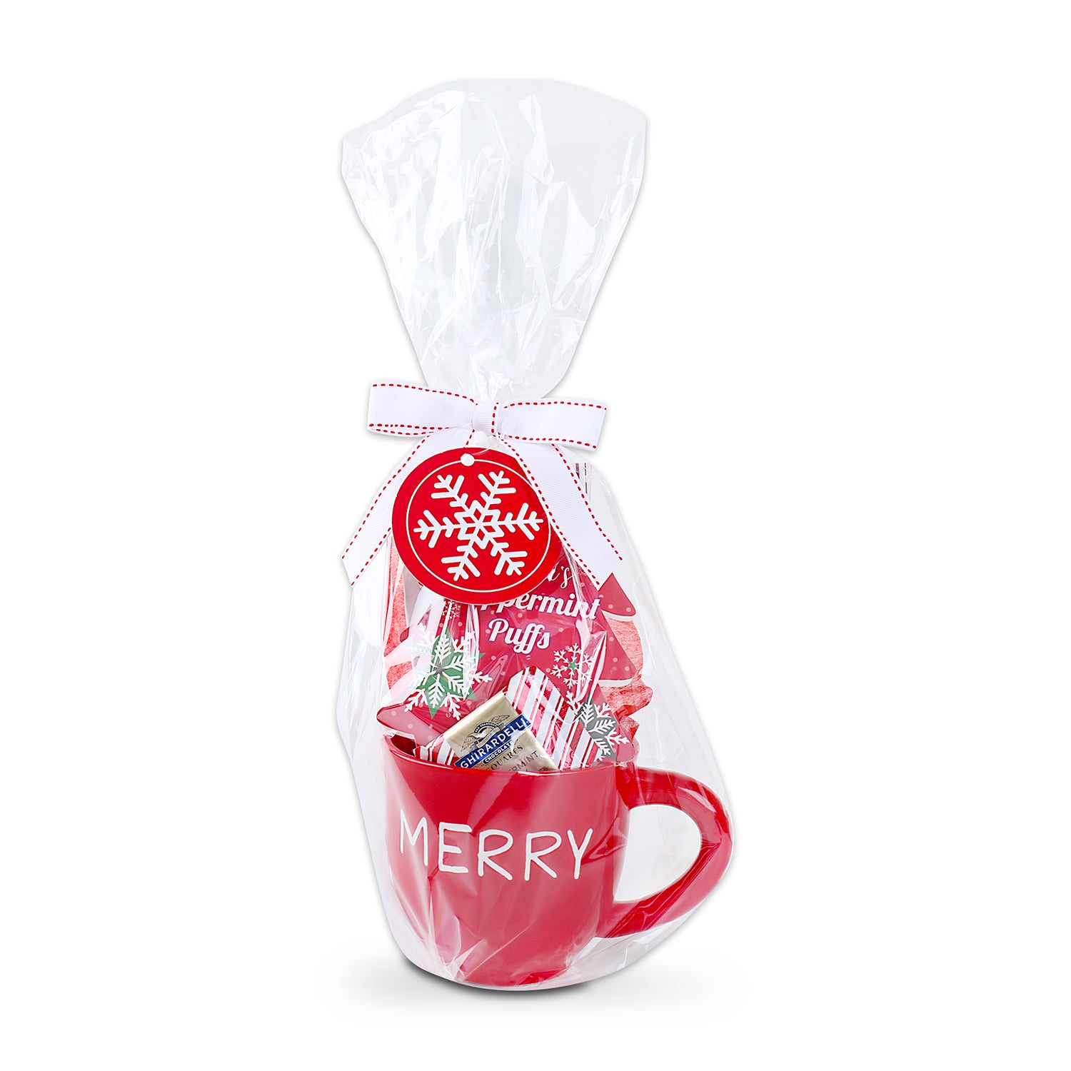 Single mug with contents wrapped in plastic as it arrives with white bow