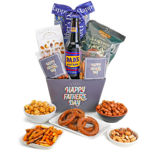 Father's Day gift basket with snacks, beer, and 'Happy Father's Day' text on a white background