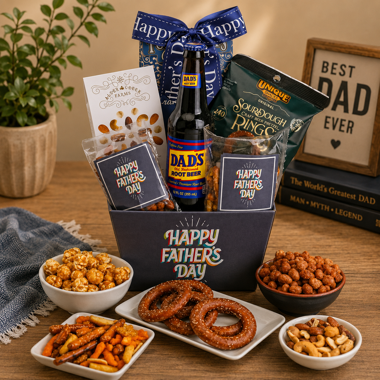 Father's Day gift basket with snacks and a bottle of beer on a table.