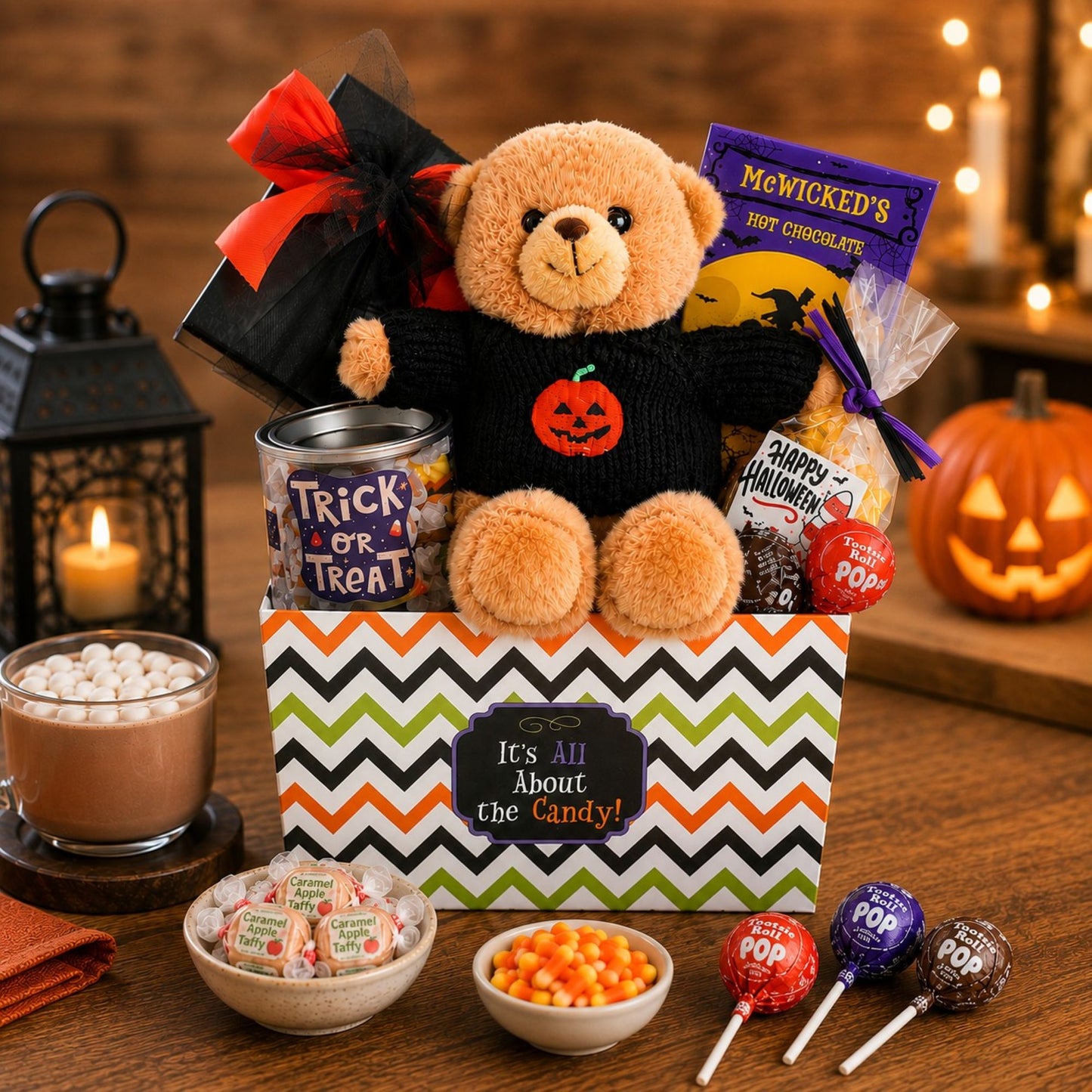 A Halloween-themed teddy bear gift basket arranged on a wooden table with candles, bowls of candy, and a jack-o'-lantern in the background. The basket contains a plush brown teddy bear in a black sweater with a pumpkin graphic, a black-and-orange patterned box labeled 'It's All About the Candy!', a can of Trick or Treat candy,