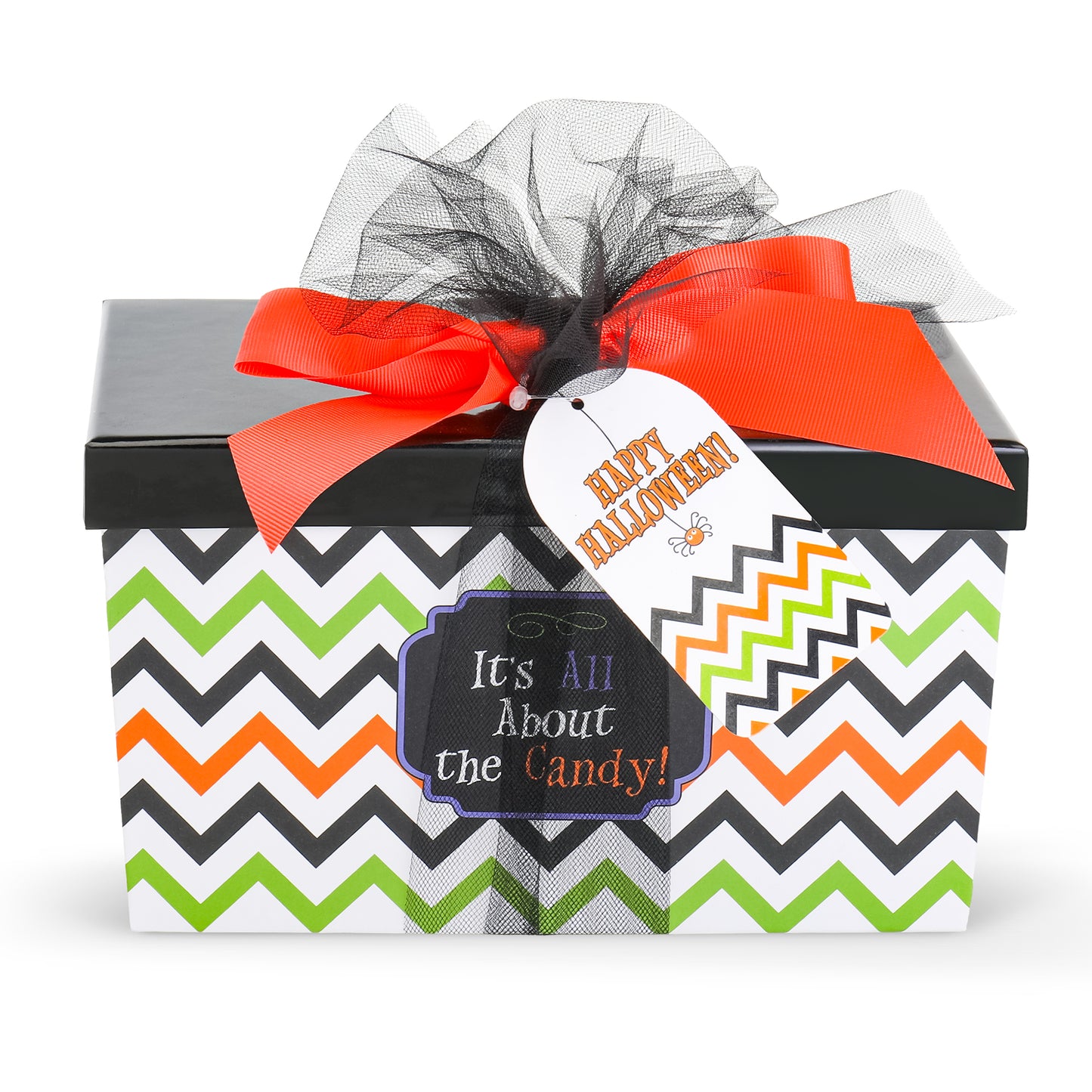 A Halloween-themed gift box with a black lid and a white base covered in a black, orange, and green chevron pattern. It is decorated with a large orange ribbon, black tulle, and a white tag that reads 'Happy Halloween! It's All About the Candy!'.