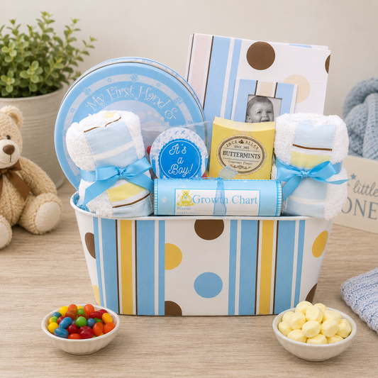 Baby gift basket with baby items on a wooden surface.