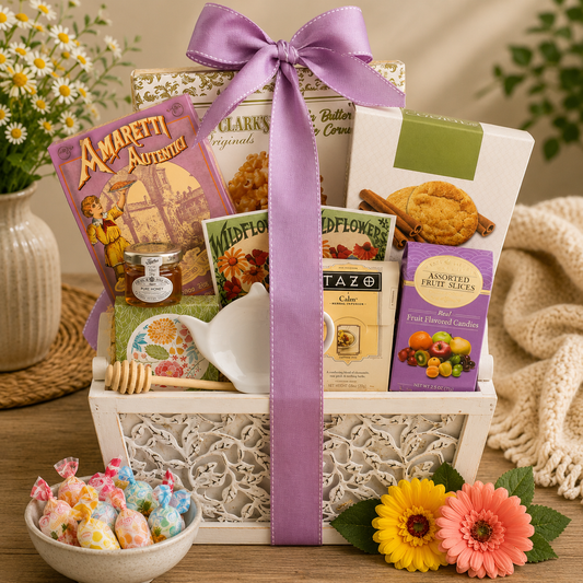 Gift basket with snacks, tea, and flowers on a wooden table