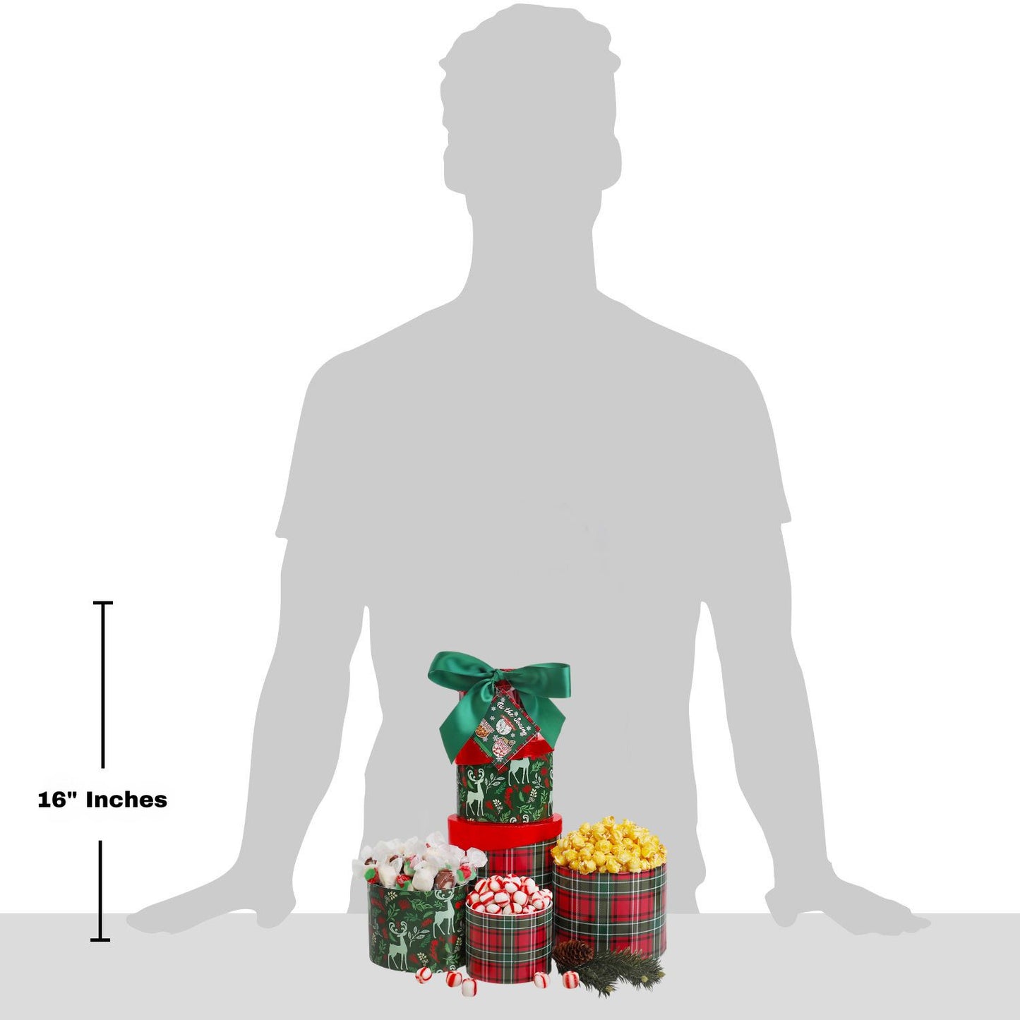 Silhouette of a person with a stack of gift boxes and their height measurement.
