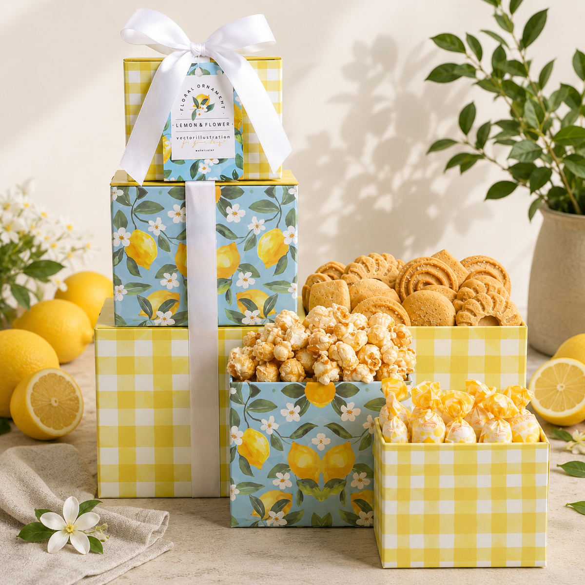 Gift boxes with cookies and popcorn on a table with lemons and flowers.