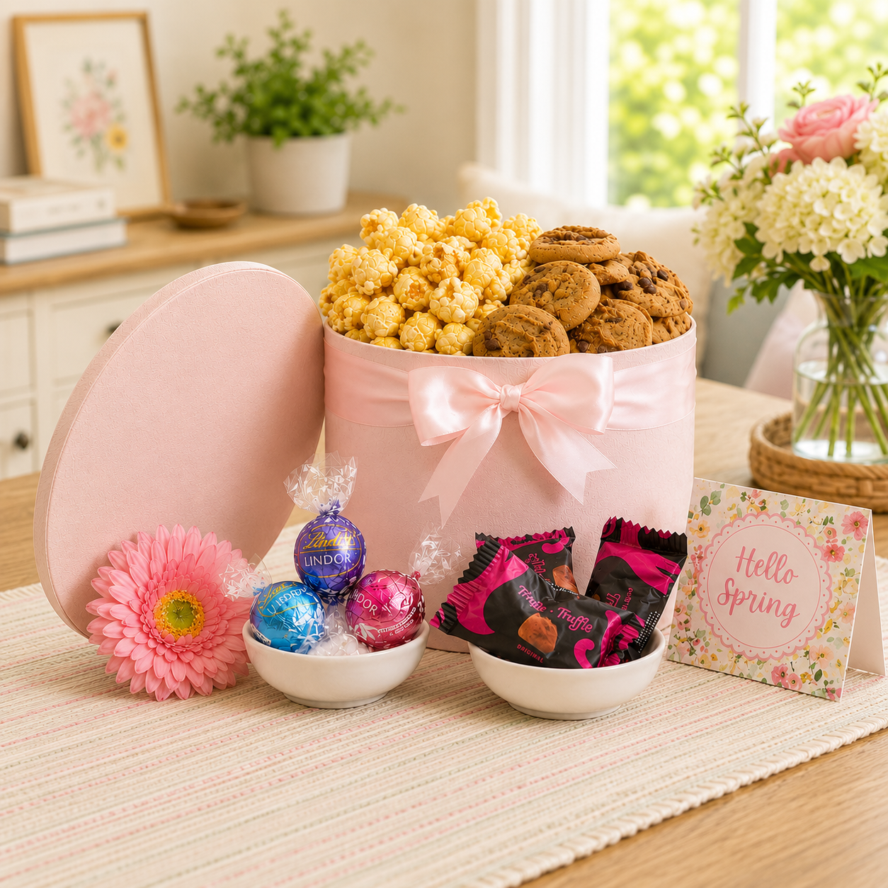 Gift basket with popcorn, cookies, chocolates, and a pink flower on a table with a 'Hello Spring' card.