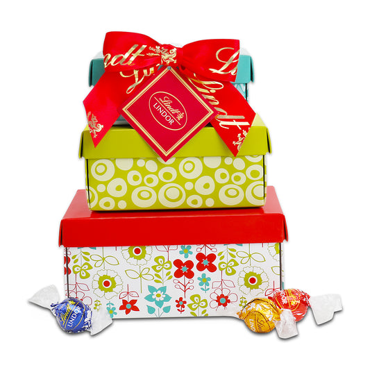 floral colorful 3 high tower with red Lindt bow