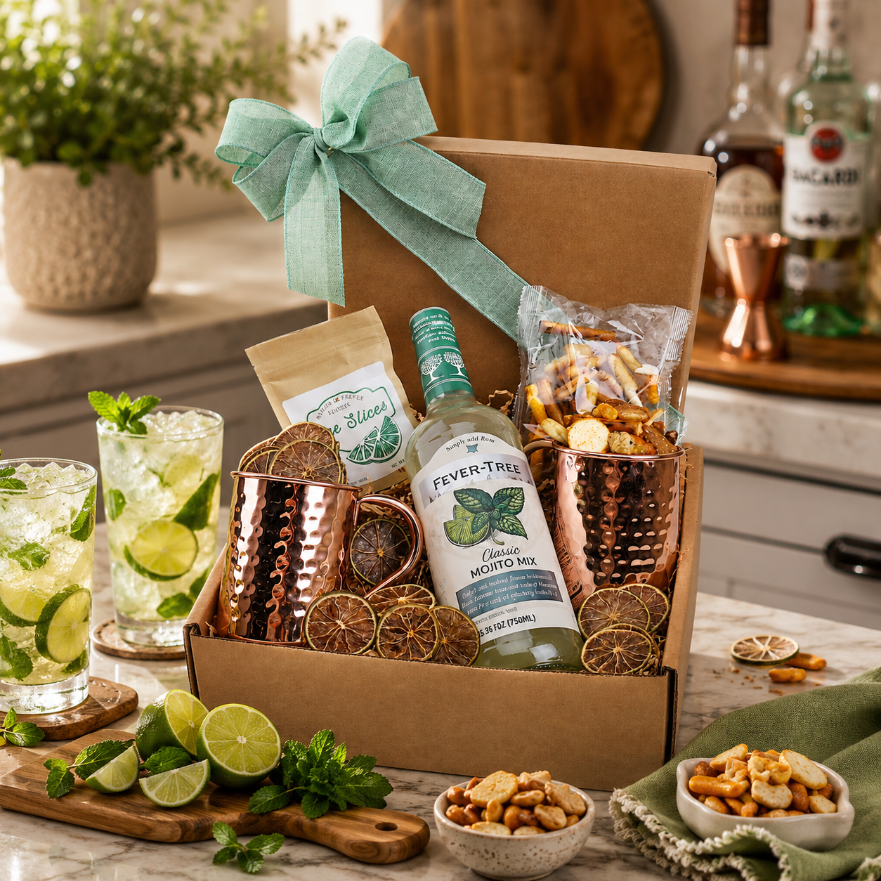 Gourmet gift box with drinks and snacks on a kitchen counter