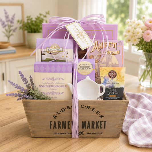 Gift basket with tea packages and lavender in a wooden box on a table.