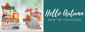 Banner with two fall gifts and Hello Autumn Shop The Collection Text