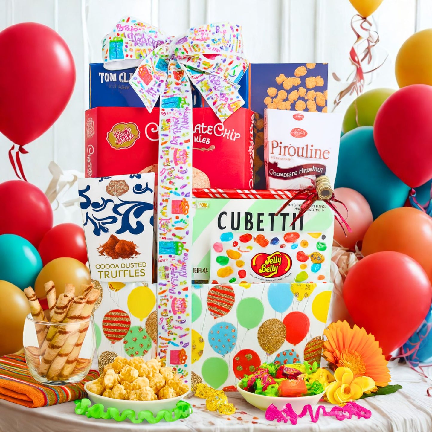 Assorted candy and snack packages with colorful balloons on a table.