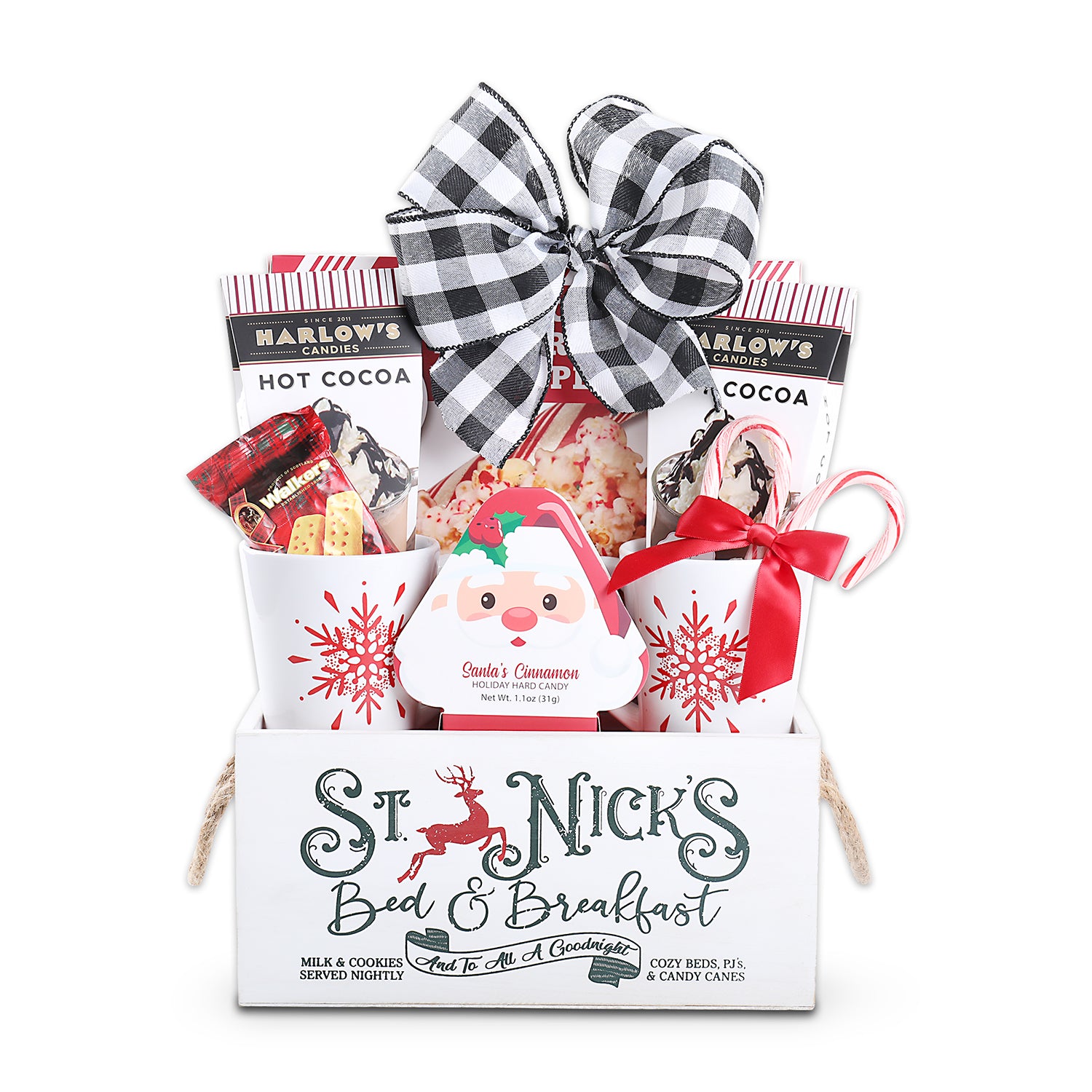 St Nicks Wooden Crate (10.25x6x5"), Candy Cane Popcorn (6oz), Harlow's Hot Cocoa (2), Candy Cane (2pk), Santa's Cinnamon Hard Candy (1.1oz), Walkers Shortbread Fingers (1.0oz), 2 Ceramic Mugs