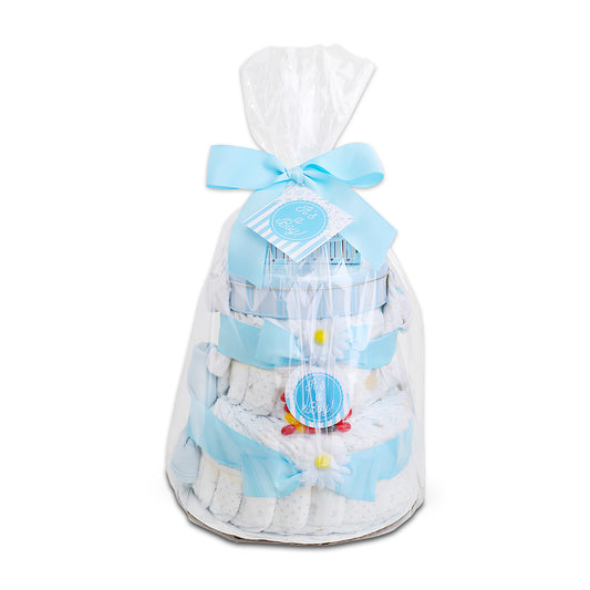 Stack of baby diapers in a clear bag with a blue ribbon on a white background