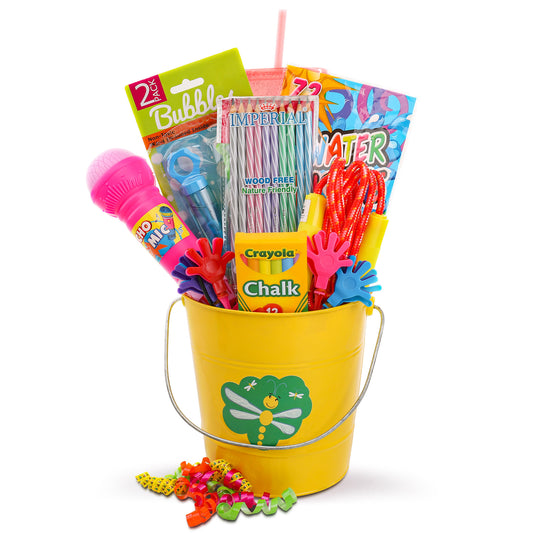 Yellow bucket filled with children's toys and supplies on a white background