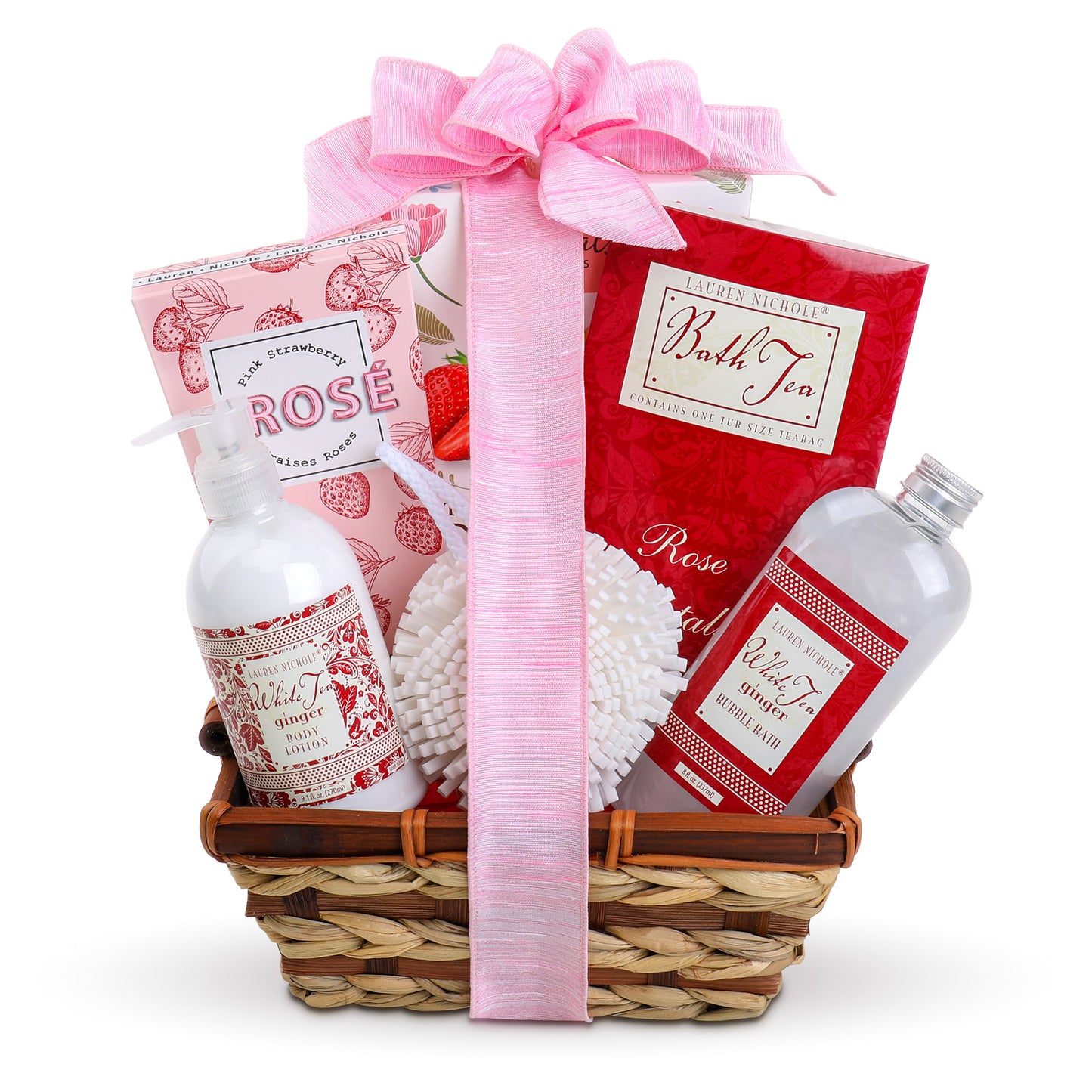 Bath and body gift set with pink and red packaging, including a basket, soap, and bath tea.