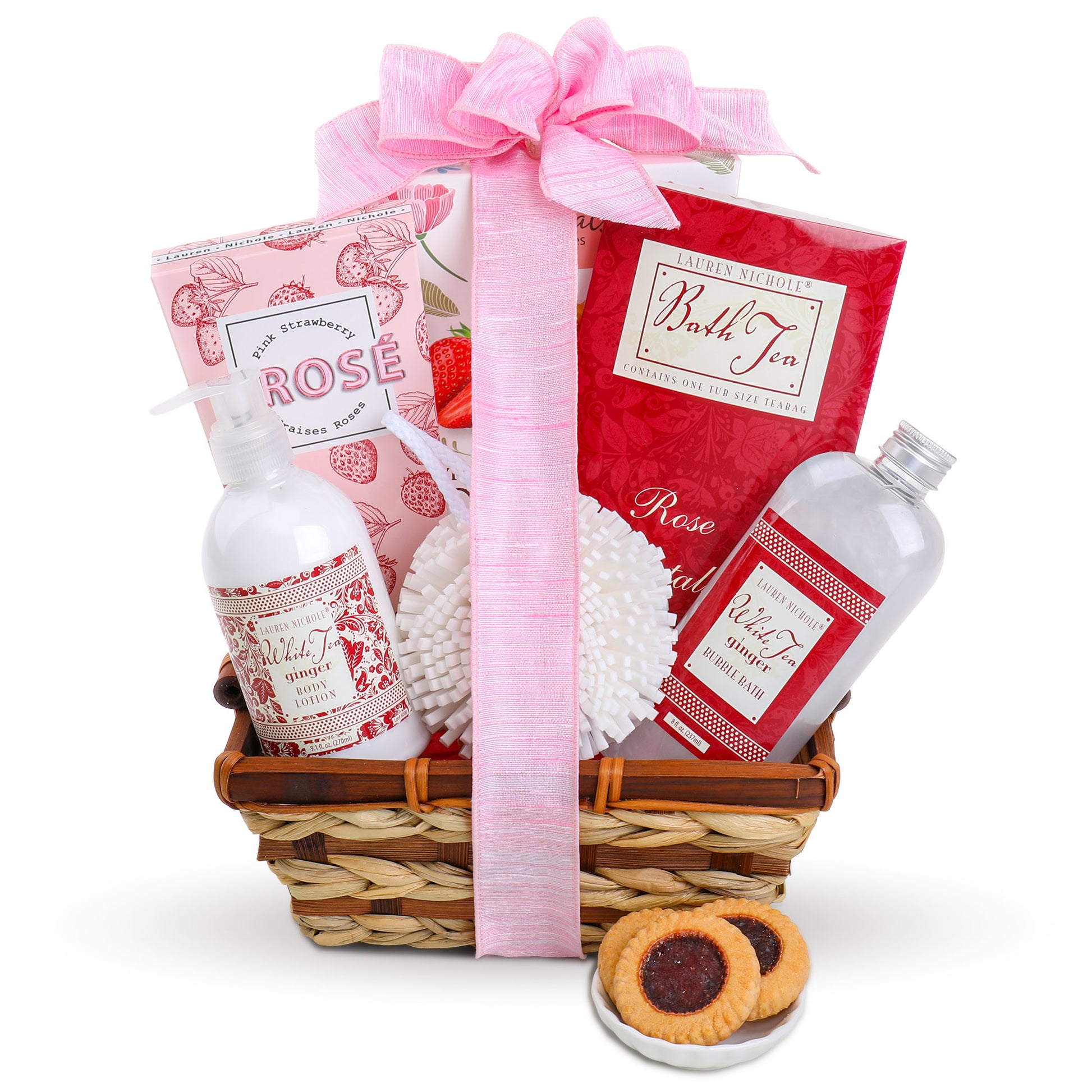 Gift basket with bath products and cookies on a white background