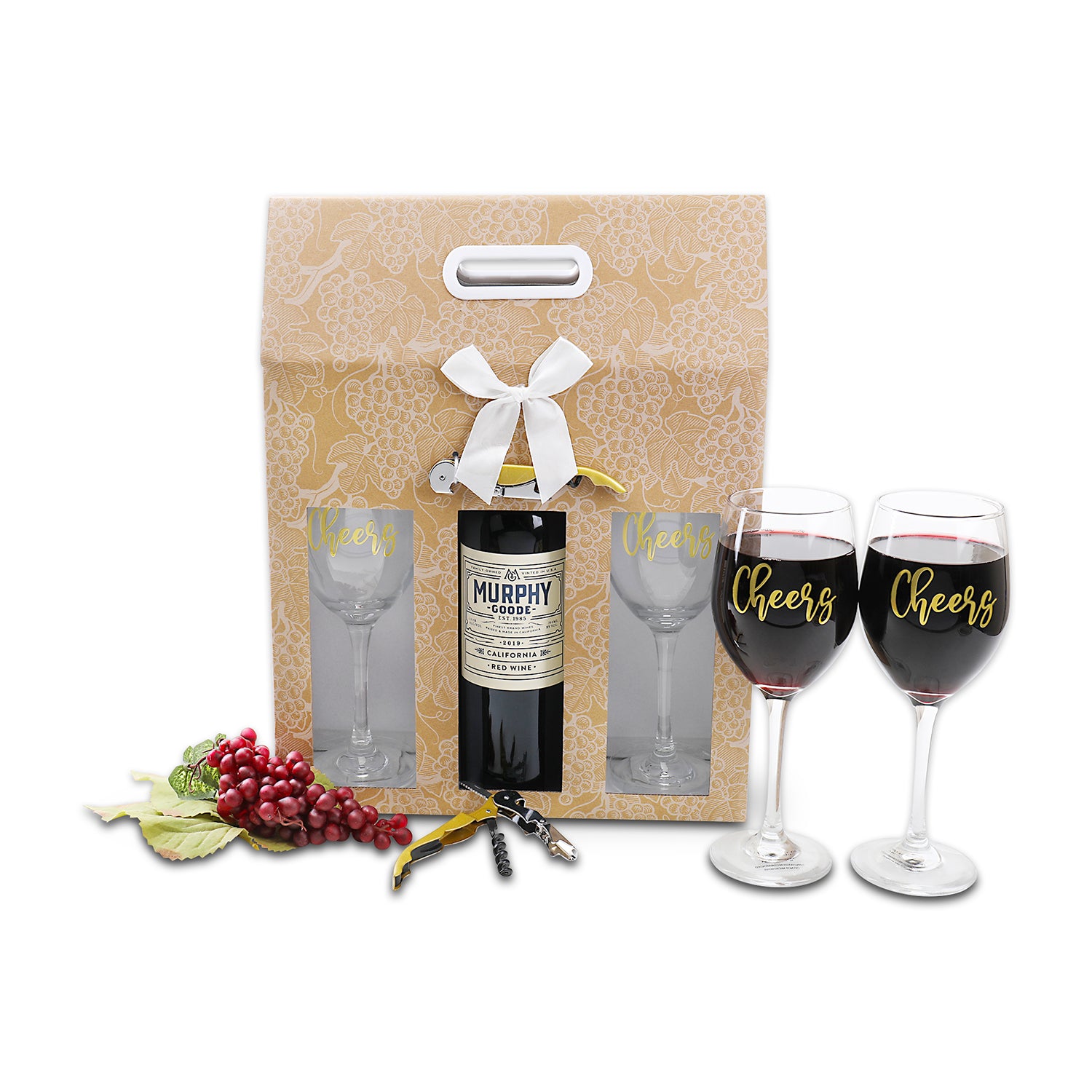 Grape Vine Wine Display Tote, 2 Wine Glasses, Gold Wine Opener