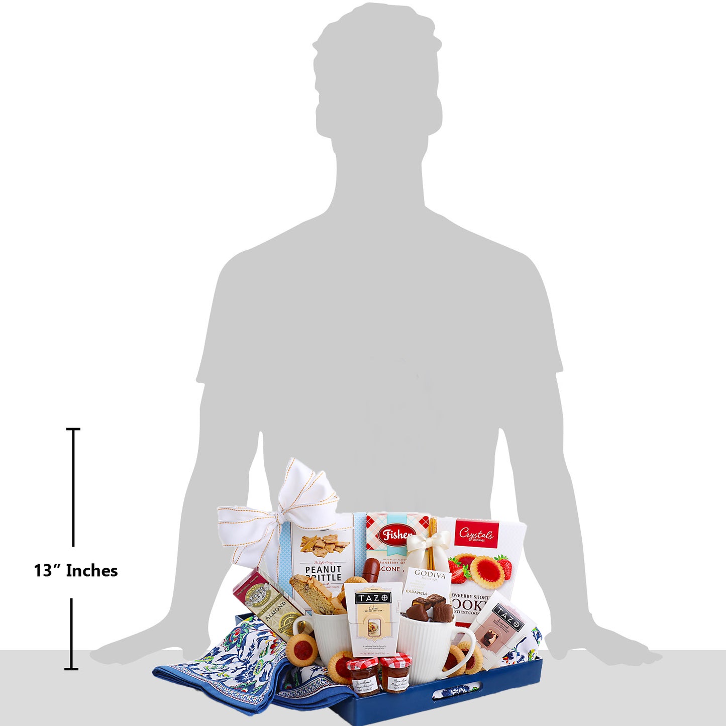 Gift basket with a person's silhouette and measurement label on a white background