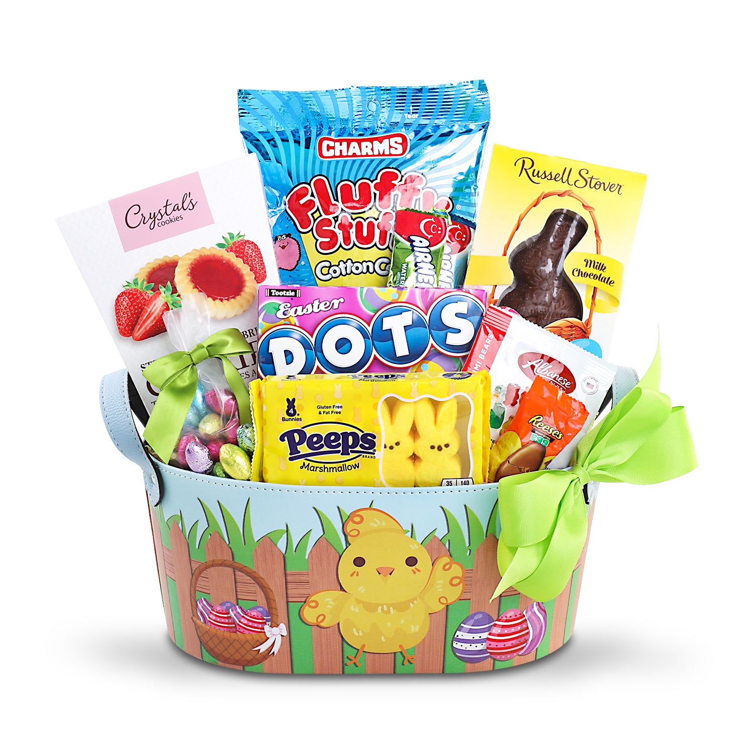 Crystal’s Strawberry Filled Shortbread Cookies (3oz.), Charms Fluffy Stuff Cotton Candy (2.5oz.), Palmer Chocolate Easter Bunny(1.5oz.), Peeps Marshmallow Bunnies (4ct.), Reese’s Peanut Butter Egg (0.6oz.), Dots Candy Box (6oz.), Albanese 12 Assorted Flavors Gummi Bears (1oz.), Airheads Assorted (0.55oz.), Chocolate Foiled Eggs (4oz.), Reusable Easter Basket